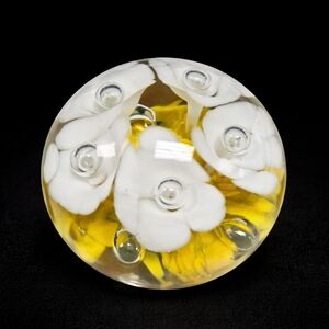Yellow and White Floral Glass Paperweight